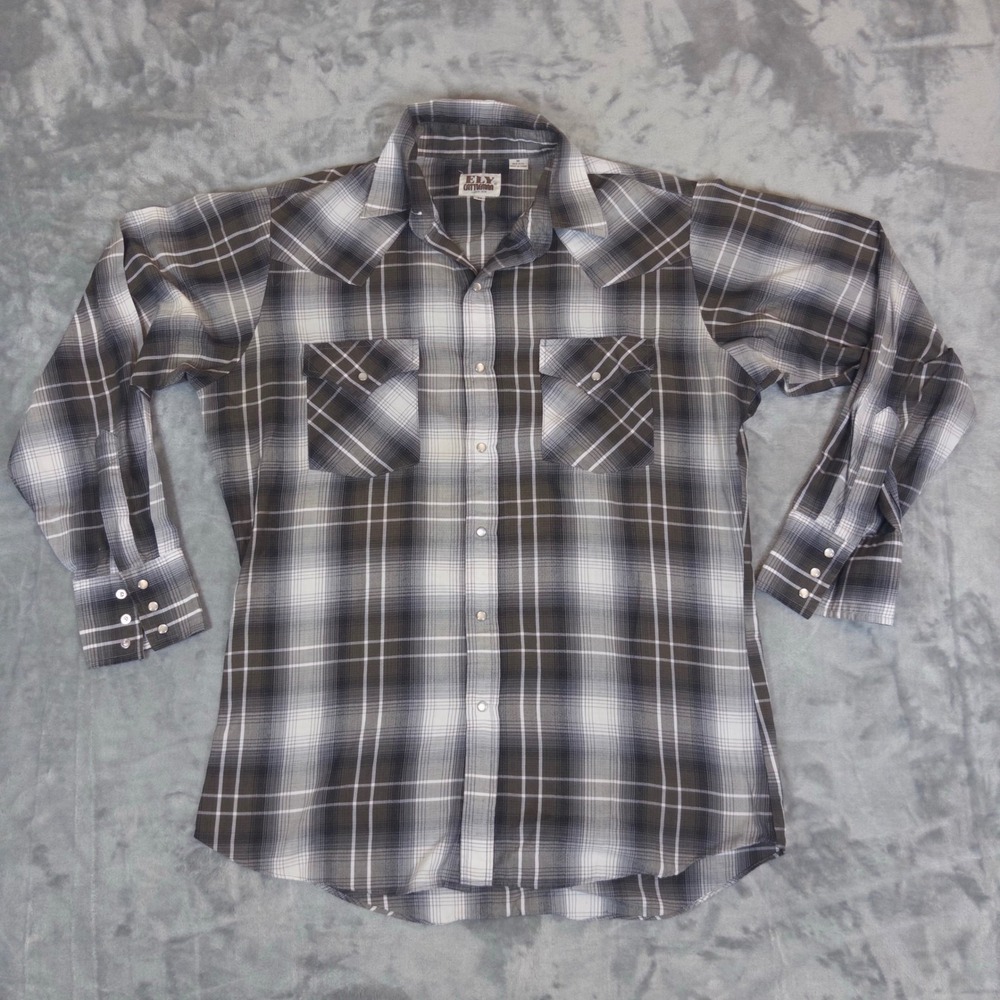Ely Cattleman Western Pearl Snap Shirt Mens Medium Grey Plaid Long Sleeve Cowboy
